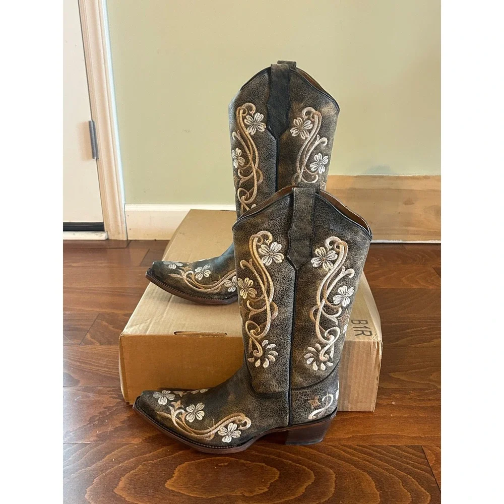 Circle G by Corral Floral Embroidered Snip Toe Western Boots Brown Women 9.5‎